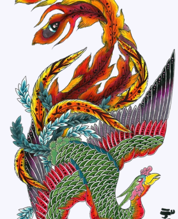 Illustration japonaise le phoenix Ho-o 👹 Nuevo Mundo studio de tatouage japonais à Strasbourg